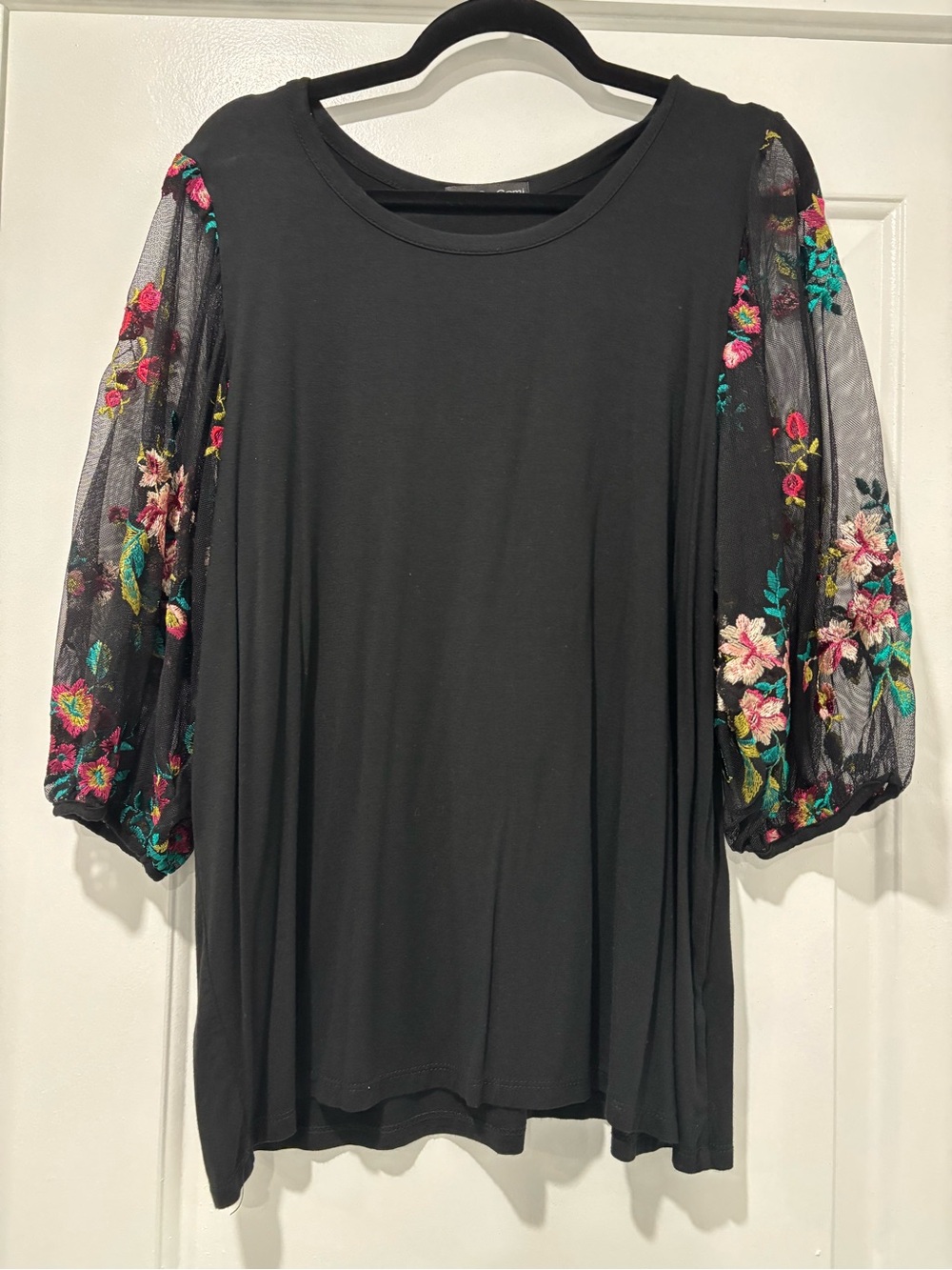 Kim & Cami Black Top with Embroidered Mesh Puff Sleeves